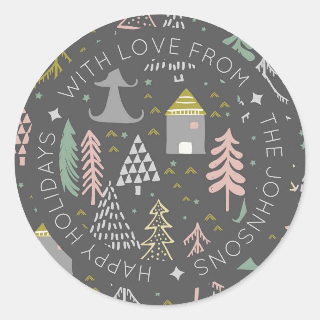 Scandinavian Doodle Christmas Village Personalised Classic Round Sticker (Front)