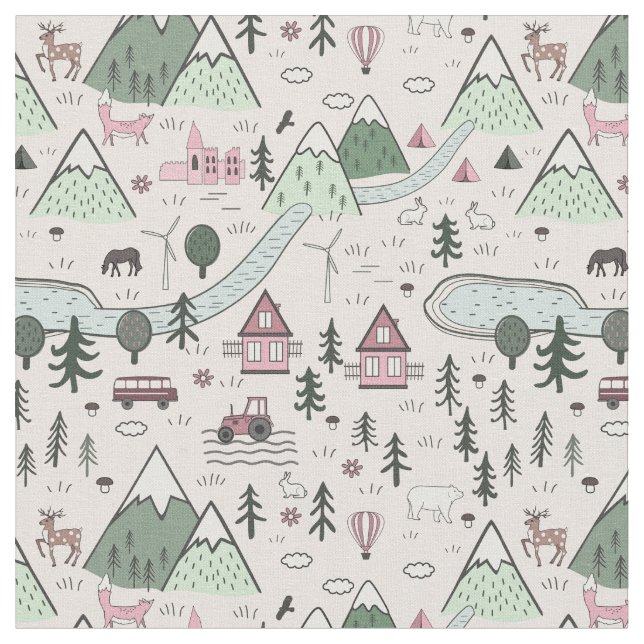 Scandinavian Farm Town Pattern Pink  Fabric (Close Up)