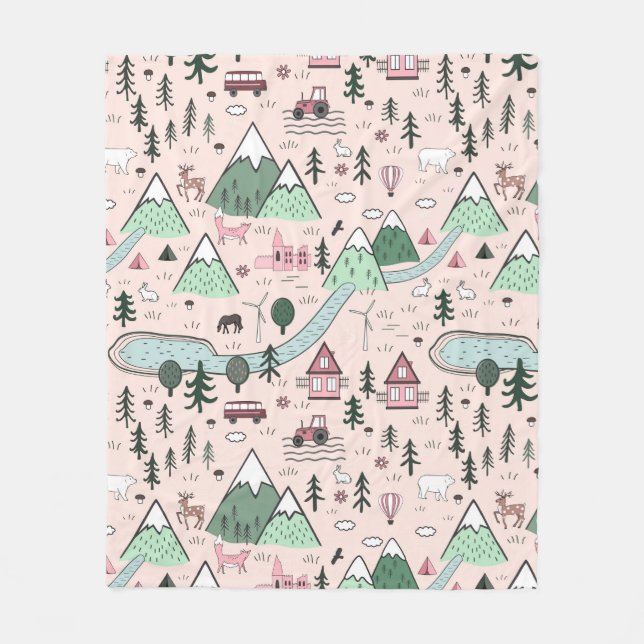 Scandinavian Farm Town Pattern Pink  Fleece Blanket (Front)
