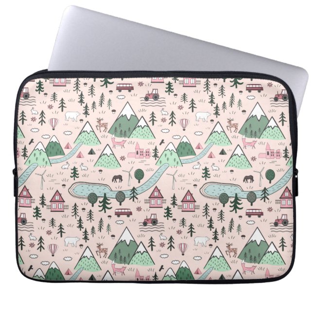 Scandinavian Farm Town Pattern Pink  Laptop Sleeve (Front)