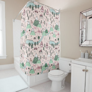 Scandinavian Farm Town Pattern Pink  Shower Curtain
