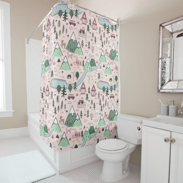 Scandinavian Farm Town Pattern Pink  Shower Curtain (In Situ)
