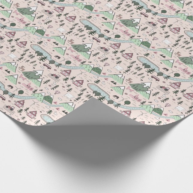 Scandinavian Farm Town Pattern Pink  Wrapping Paper (Corner)
