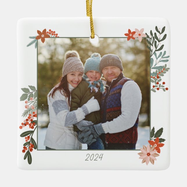 Scandinavian Floral Holiday Photo  Ceramic Ornament (Front)