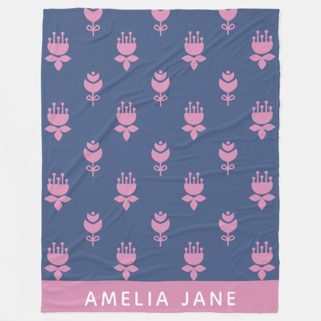 Scandinavian Floral Pattern Blue Pink Monogrammed Fleece Blanket (Front)