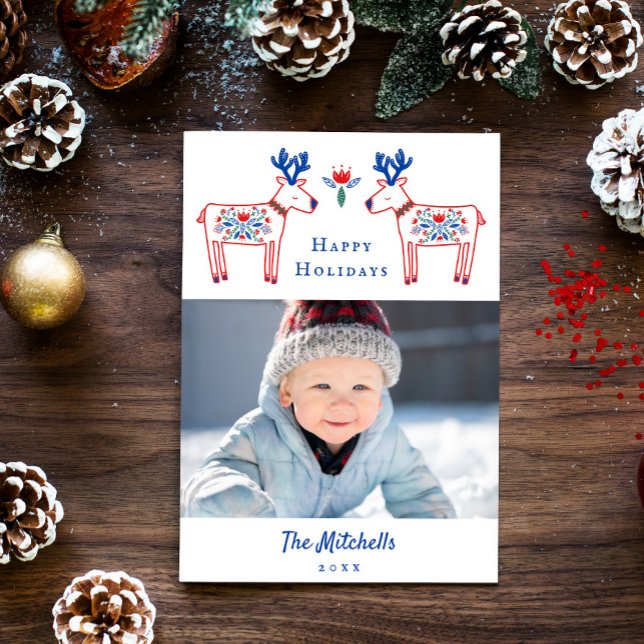 Scandinavian Floral Reindeer Happy Holidays Holiday Card (Creator Uploaded)