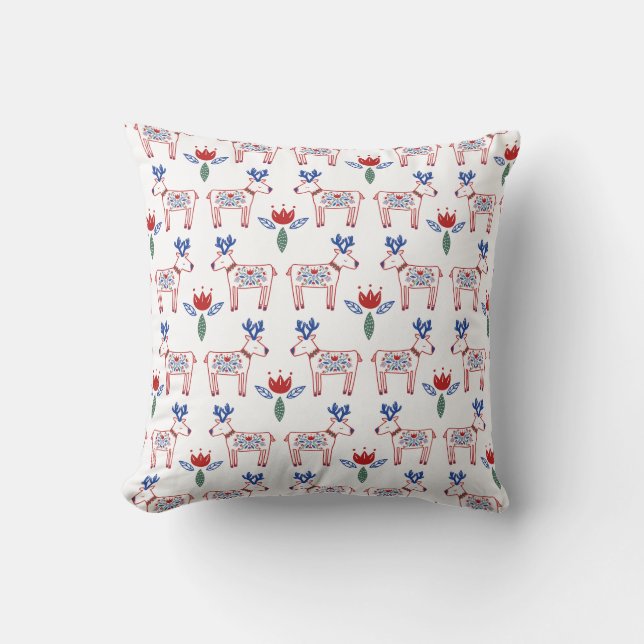 Scandinavian Floral Reindeer Pattern Christmas Cushion (Front)