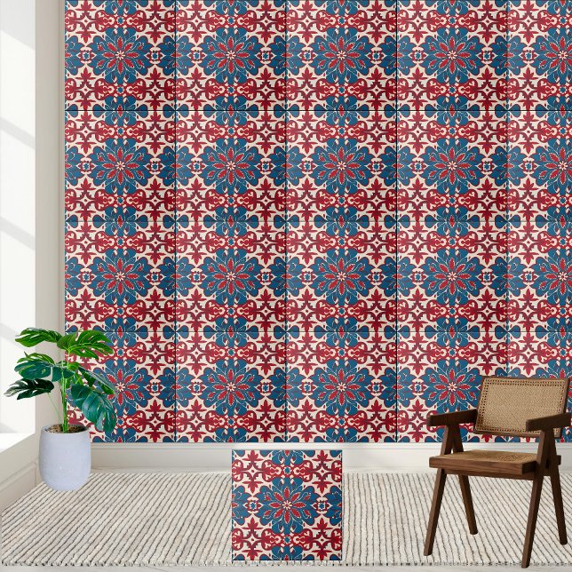 Scandinavian Floral Tile Pattern in Red and Blue (Scandinavian Floral Tile Pattern in Red and Blue)