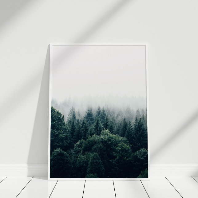 Scandinavian Foggy Pine Forest Wall Art Print (Scandinavian Foggy Pine Forest Poster in a white frame.)