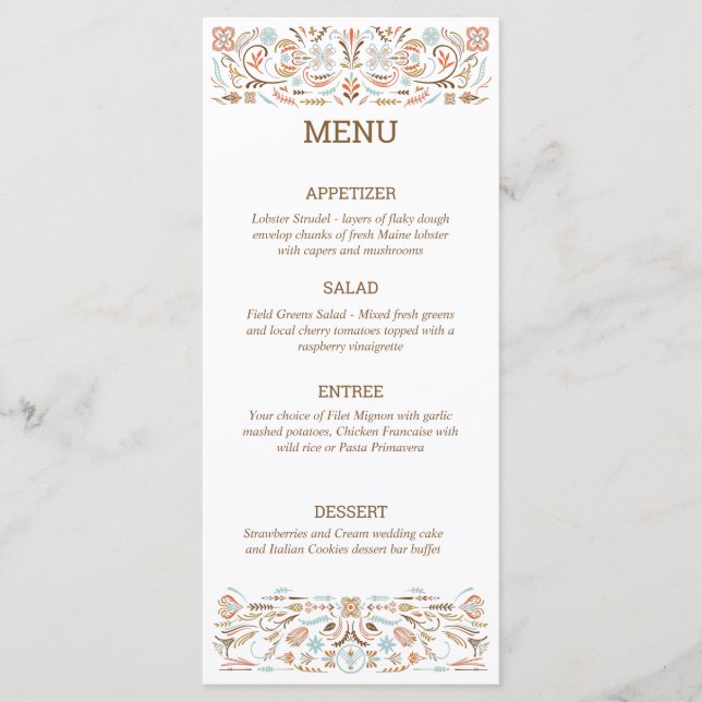 Scandinavian Folk Art Autumn Colours Wedding Menu (Front)