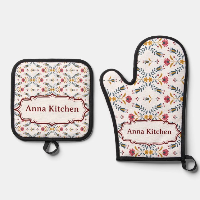 Scandinavian folk art Binder Custom Oven Mitt & Pot Holder Set (Front)