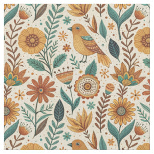 Scandinavian Folk Art Bird & Flower Floral Design Fabric