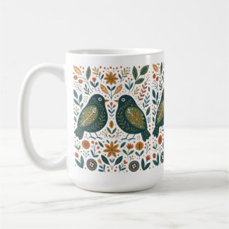 Scandinavian Folk Art Birds and Floral Pattern Mug