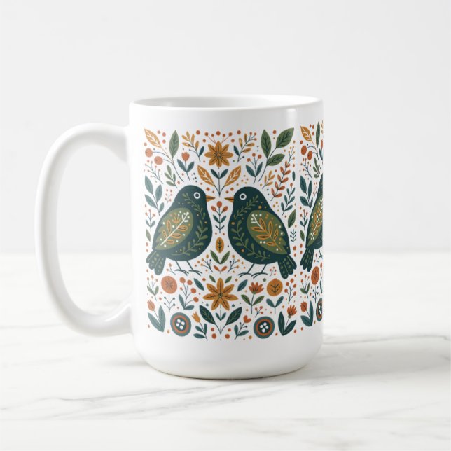 Scandinavian Folk Art Birds and Floral Pattern Mug (Left)