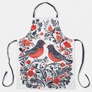 Scandinavian Folk Art Birds Lino Cut Design Apron