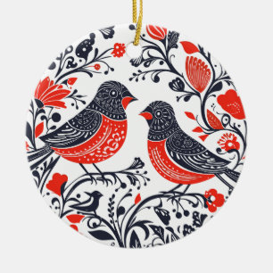 Scandinavian Folk Art Birds Lino Cut Design Ceramic Ornament