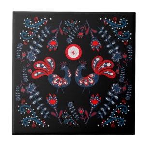 Scandinavian Folk Art Birds Monogrammed Ceramic Tile