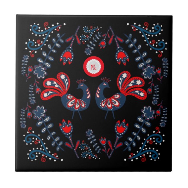 Scandinavian Folk Art Birds Monogrammed Ceramic Tile (Front)