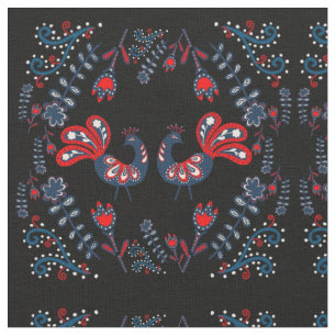 Scandinavian Folk Art Birds Monogrammed Fabric