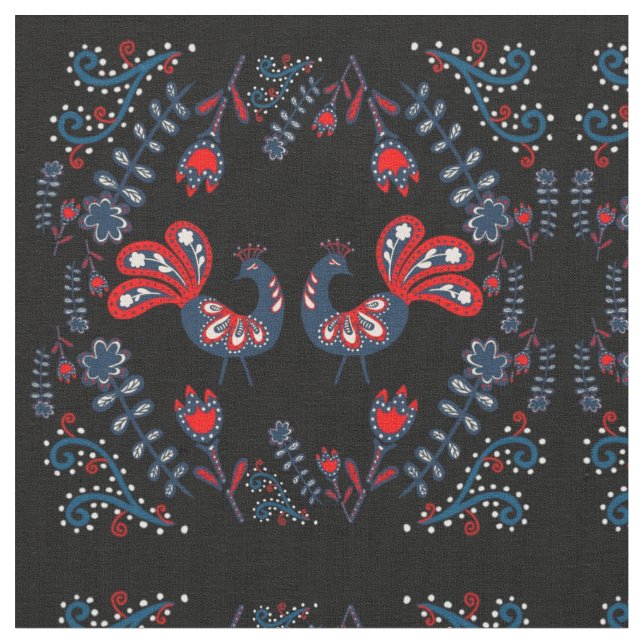 Scandinavian Folk Art Birds Monogrammed Fabric (Close Up)