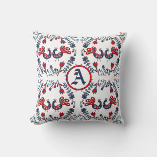 Scandinavian Folk Art Birds Red Blue MONOGRAMMED Cushion