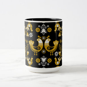 Scandinavian Folk Art Birds Two-Tone Coffee Mug