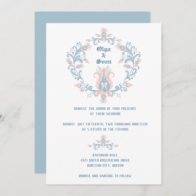 Scandinavian Folk Art Blush & Blue Wedding Invitat Invitation (Front/Back)