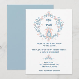 Scandinavian Folk Art Blush & Blue Wedding Invitat Invitation