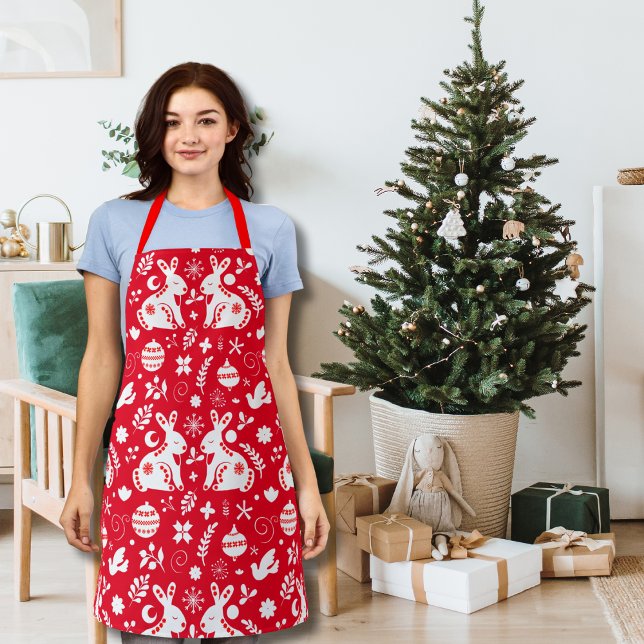 Scandinavian Folk Art Bunny Floral Pattern Red Apron (Creator Uploaded)