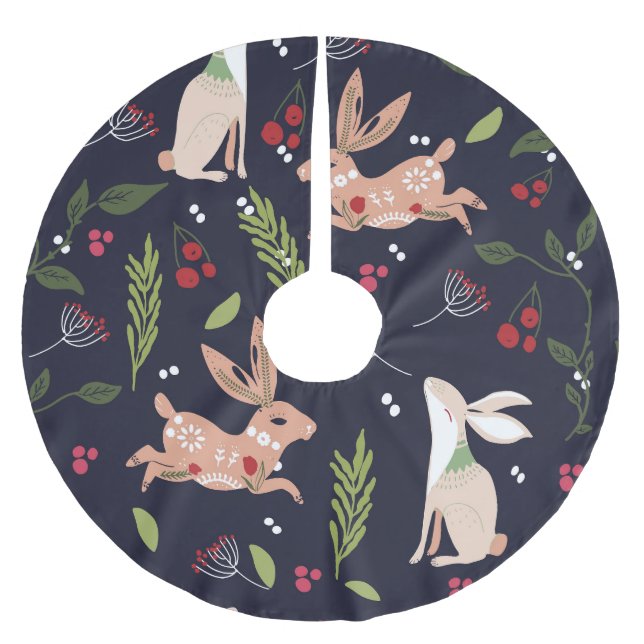 Scandinavian Folk Art Bunny Print Brushed Polyester Tree Skirt (Front)