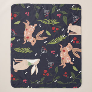 Scandinavian Folk Art Bunny Print Sherpa Blanket
