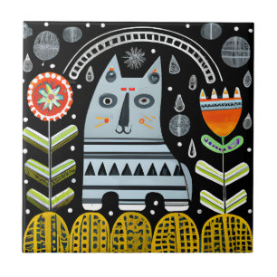 Scandinavian Folk Art Cat Garden Ceramic Tile