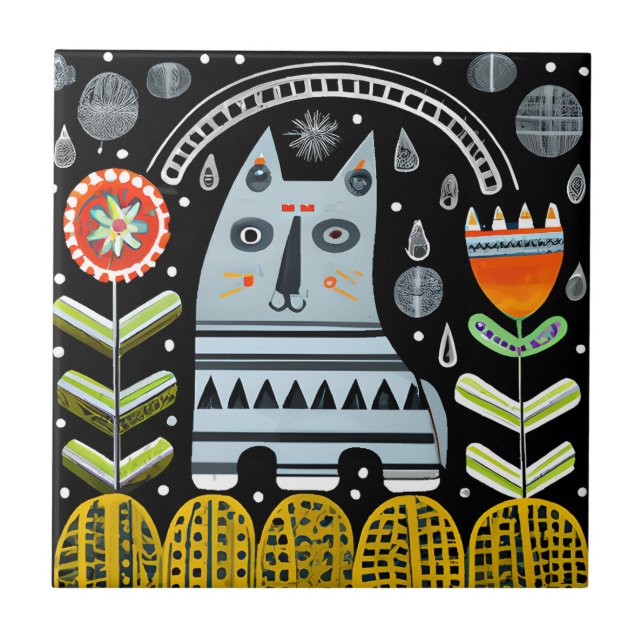 Scandinavian Folk Art Cat Garden Ceramic Tile (Front)