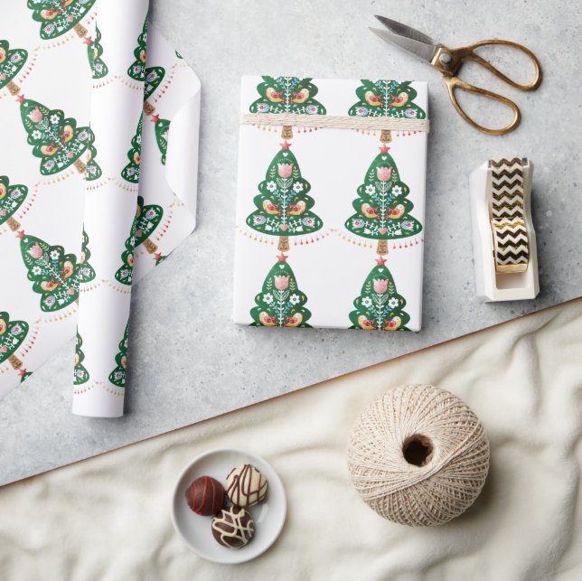 Scandinavian Folk Art Christmas Tree Wrapping Pape Wrapping Paper (Crafts)