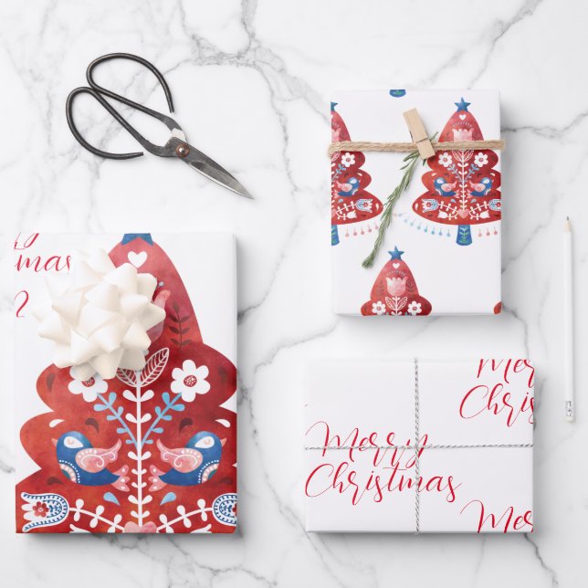 Scandinavian Folk Art Christmas Tree   Wrapping Paper Sheet (Front)