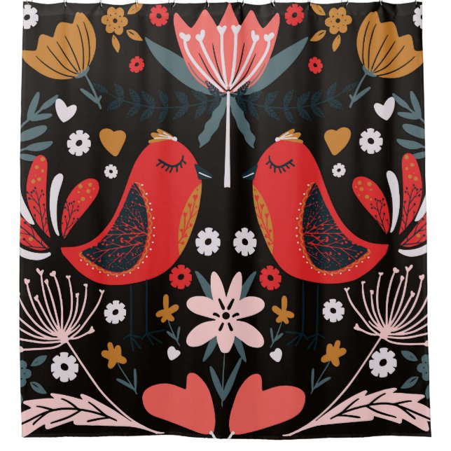 Scandinavian Folk Art: Colourful Birds. Shower Curtain (Front)