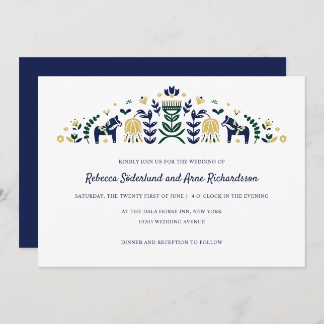 Scandinavian Folk Art Dala Horse Flower CUSTOM V1 Invitation (Front/Back)