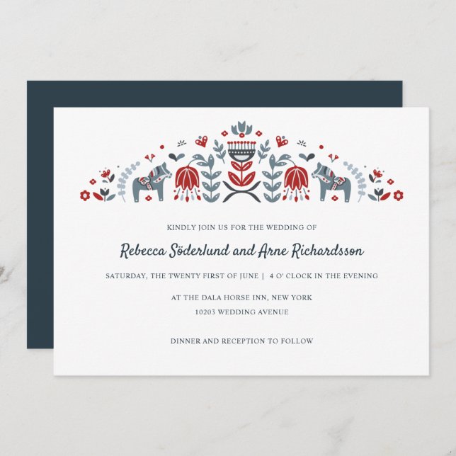 Scandinavian Folk Art Dala Horse Flower Wedding Invitation (Front/Back)