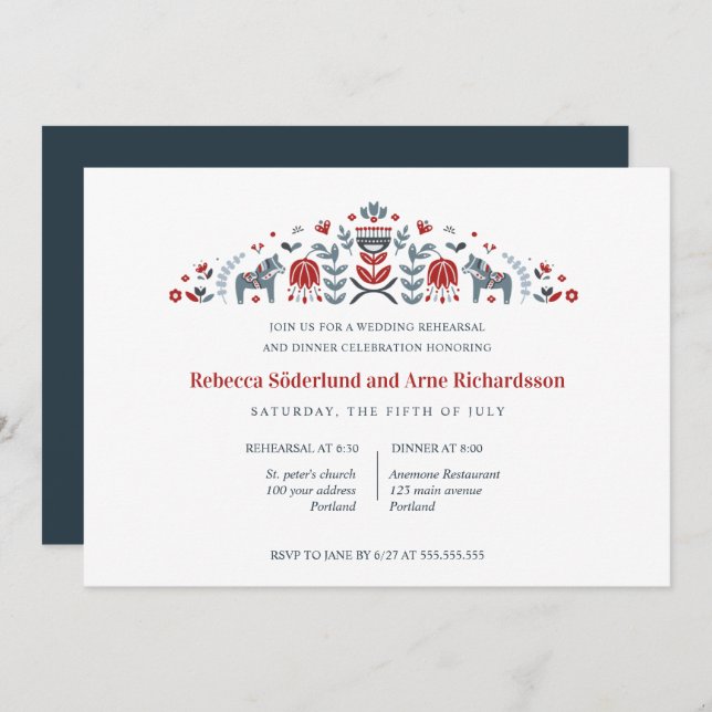 Scandinavian Folk Art Dala Horse  Rehearsal Dinner Invitation (Front/Back)