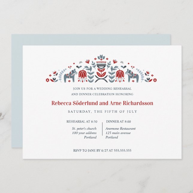 Scandinavian Folk Art Dala Horse  Rehearsal Dinner Invitation (Front/Back)