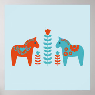 Scandinavian Folk Art Dala Horses and Flowers  Poster