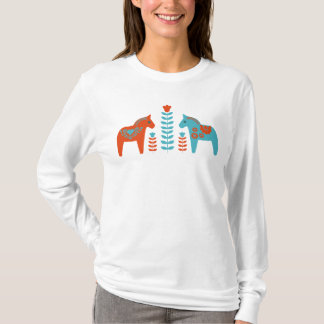 Scandinavian Folk Art Dala Horses and Flowers T-Shirt