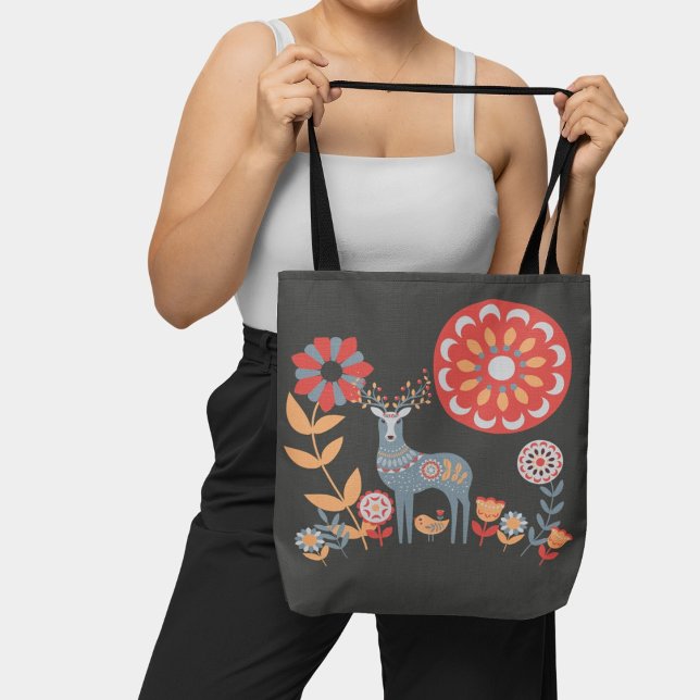 Scandinavian Folk Art Deer Bird Floral Nature Tote Bag (Creator Uploaded)