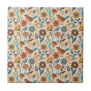 Scandinavian Folk Art Flower & Bird Floral Design Ceramic Tile