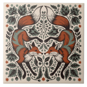 Scandinavian Folk Art Fox Rustic Woodland Ceramic Tile