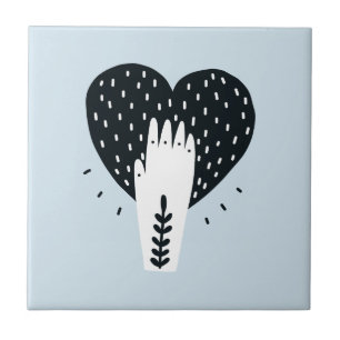 Scandinavian Folk Art Heart and Hand Ceramic Tile