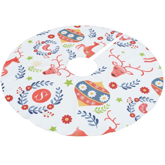 Scandinavian Folk Art Monogram Christmas Brushed Polyester Tree Skirt (Angled)