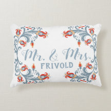Scandinavian Folk Art Mr and Mrs Blue Pillow