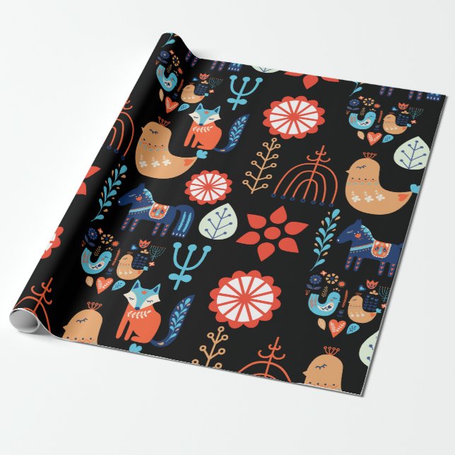 Scandinavian Folk Art Nordic Minimalist Christmas Wrapping Paper (Unrolled)