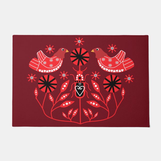 Scandinavian Folk Art Prints | Nordic Decor Fleece Doormat (Front)